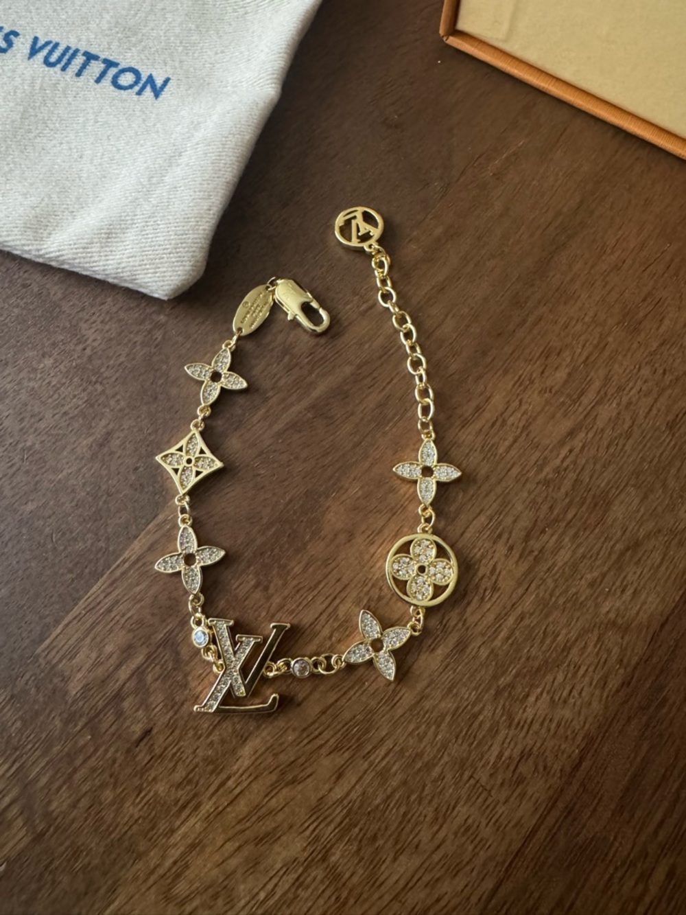 Louis Vuitton Gold Crystal Monogram Charm Chain Bracelet